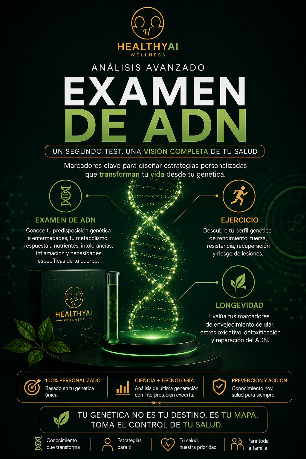 Exámen de ADN nutrigénetica, capacidades deportivas y longevidad
